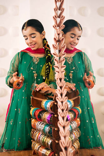 Embroidered Green Organza Frock 3 Piece Suit
