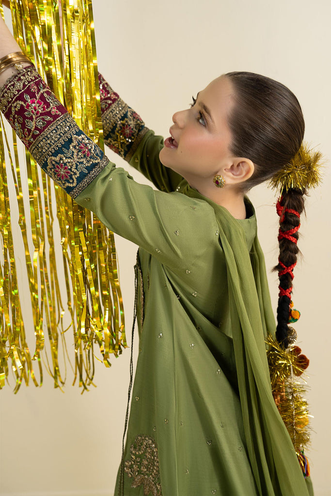 3 Piece Embroidered Raw Silk Angrakha Suit - Green