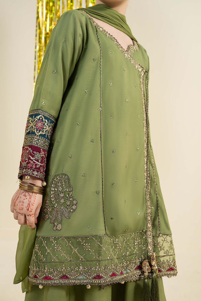 3 Piece Embroidered Raw Silk Angrakha Suit - Green
