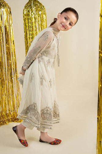 Off White 3 Piece Embroidered Net Suit for Girls