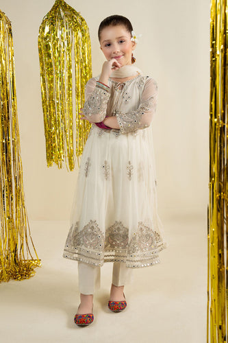 Off White 3 Piece Embroidered Net Suit for Girls