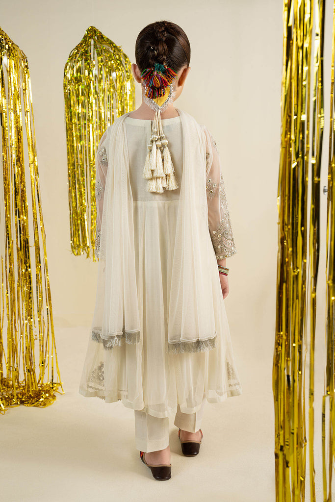Off White 3 Piece Embroidered Net Suit for Girls