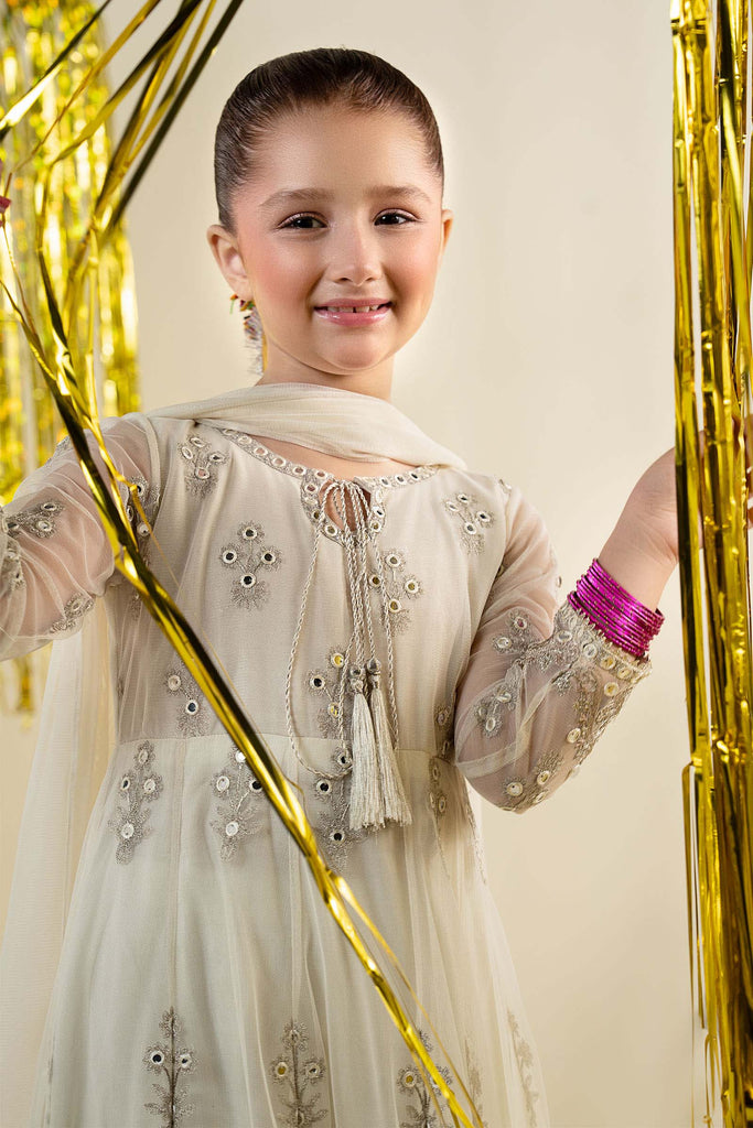 Off White 3 Piece Embroidered Net Suit for Girls