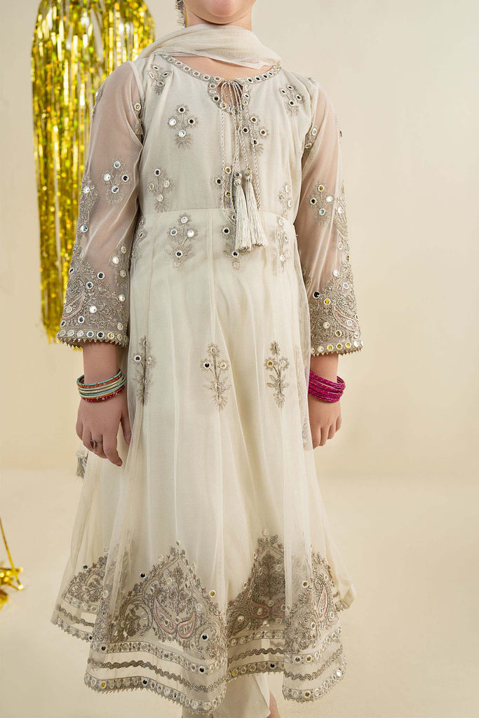 Off White 3 Piece Embroidered Net Suit for Girls