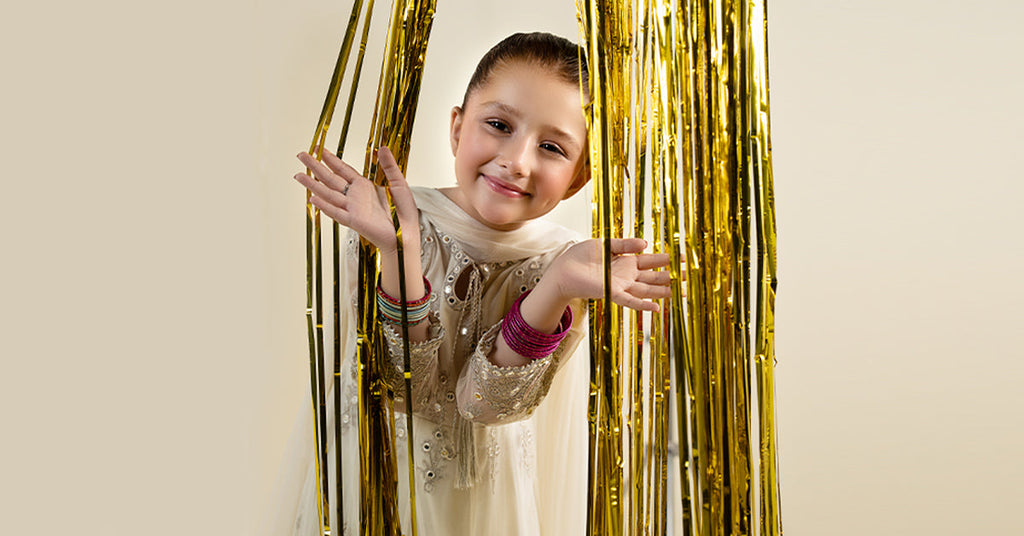 Off White 3 Piece Embroidered Net Suit for Girls
