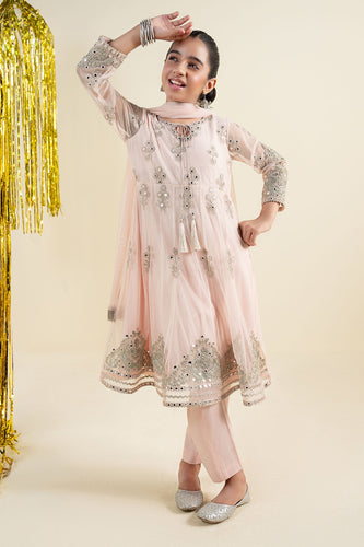Pink 3 Piece Embroidered Net Suit for Girls