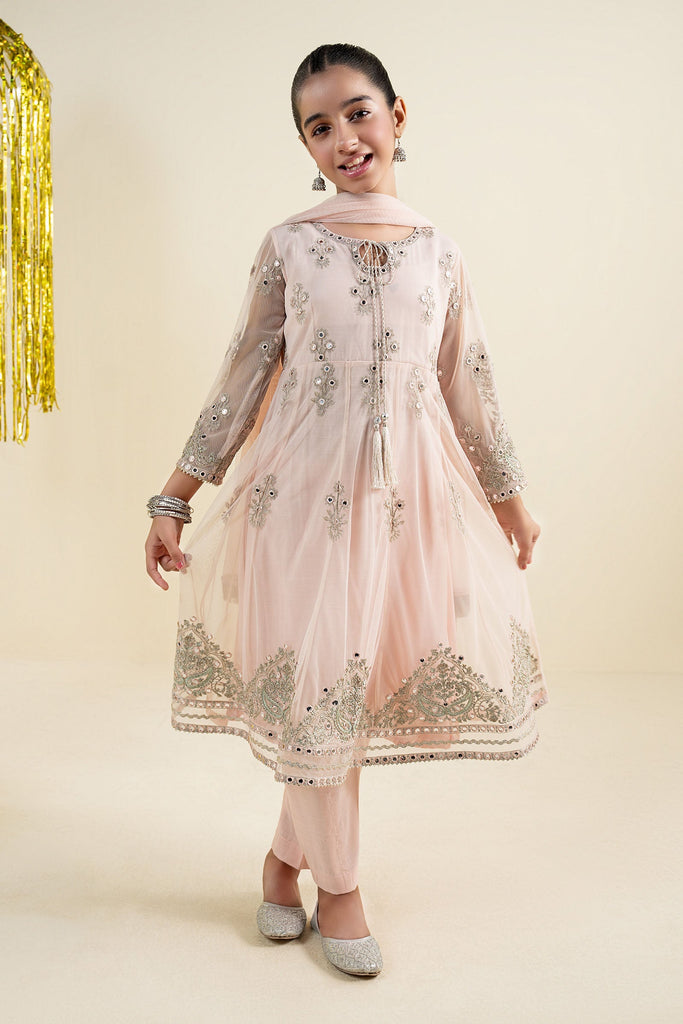 Pink 3 Piece Embroidered Net Suit for Girls
