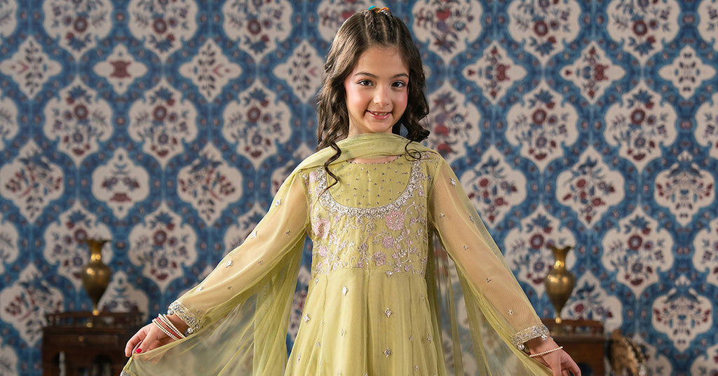 Green 3 Piece Embroidered Net Suit for Girls
