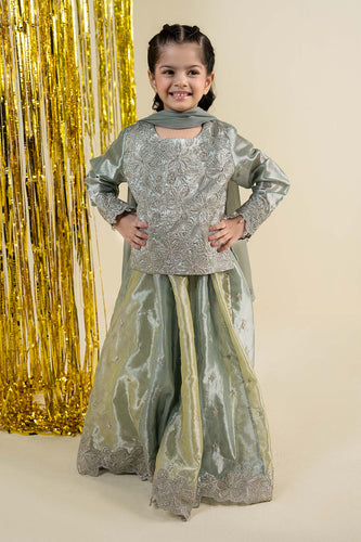 Kids 3 Piece Embroidered Tissue Suit - Green