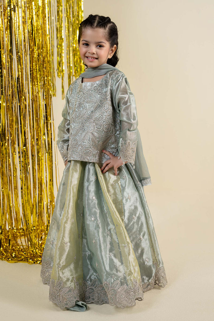 Kids 3 Piece Embroidered Tissue Suit - Green