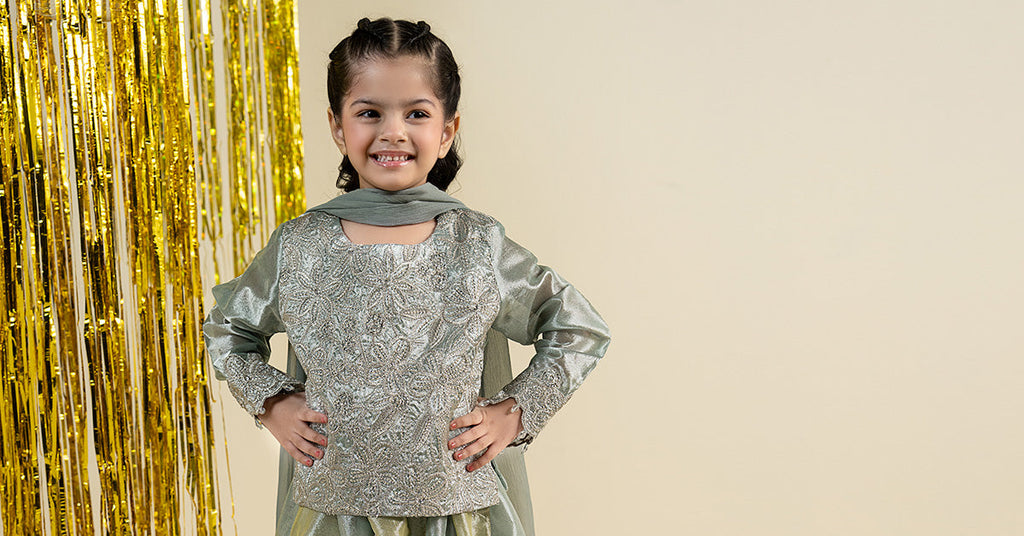 Kids 3 Piece Embroidered Tissue Suit - Green
