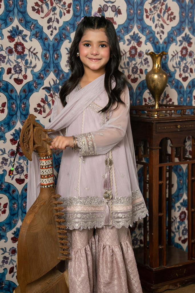 Kids 3 Piece Embroidered Net Suit - Purple