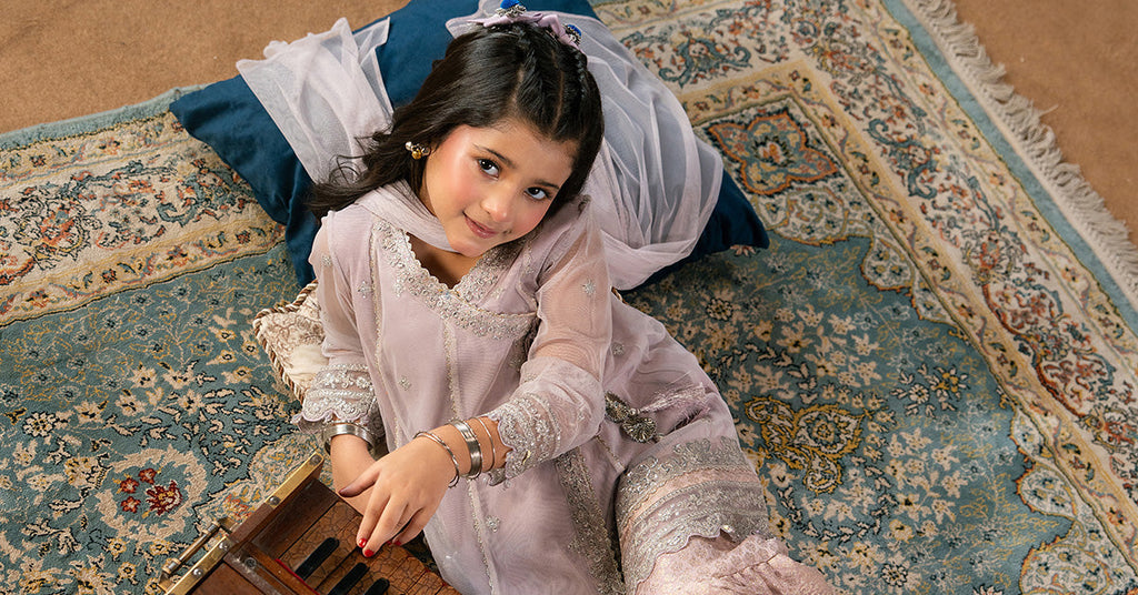 Kids 3 Piece Embroidered Net Suit - Purple