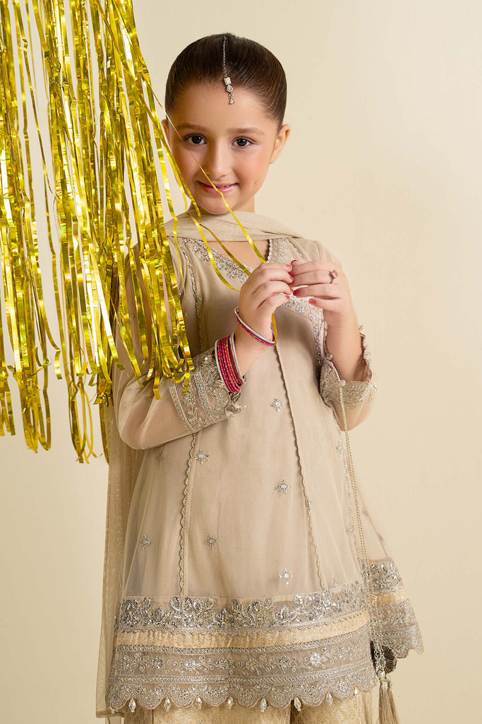 Girls 3 Piece Embroidered Net Suit - Off White