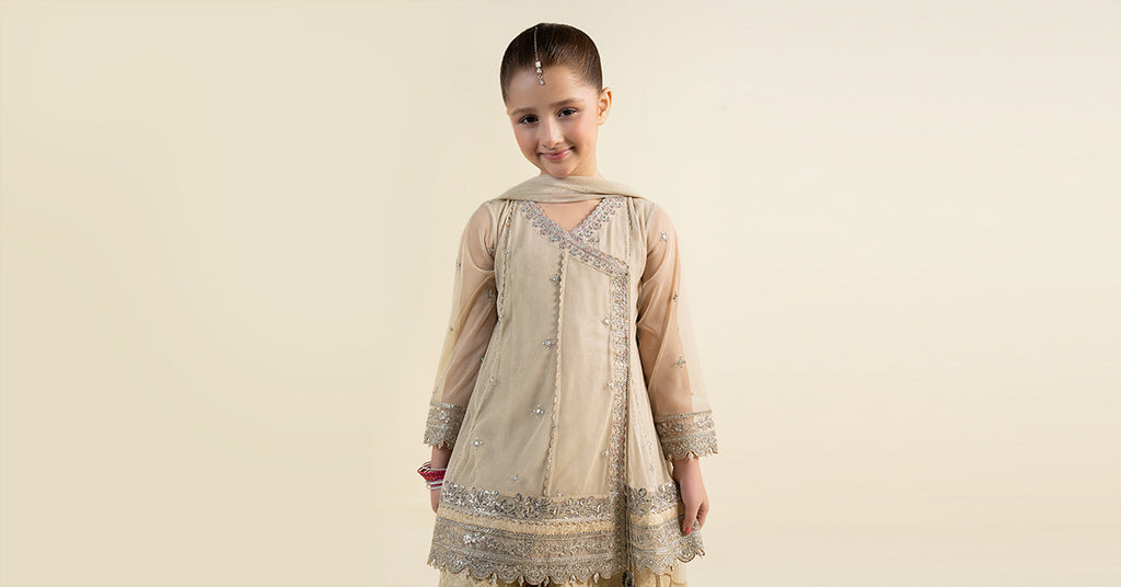 Girls 3 Piece Embroidered Net Suit - Off White