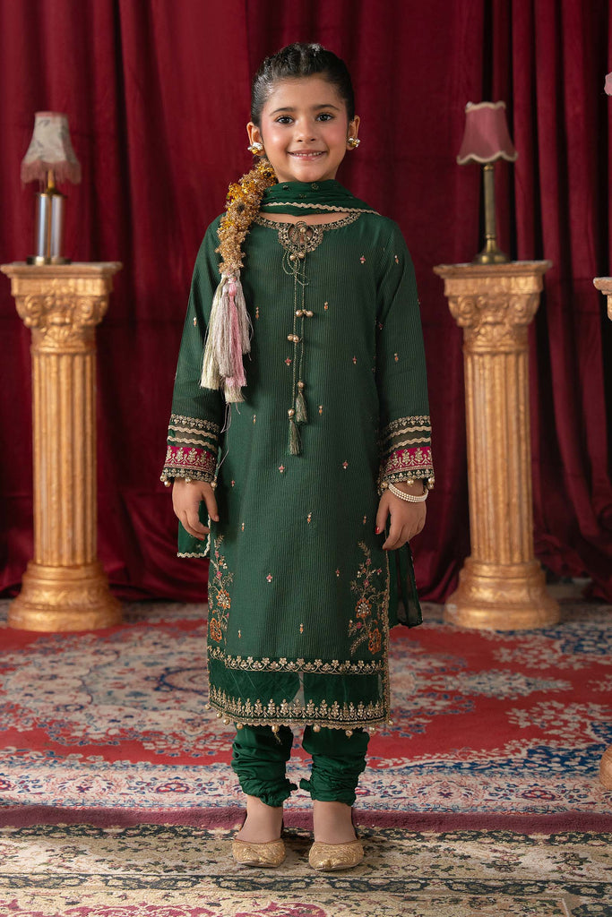 Green 3 Piece Embroidered Yarn Dyed Stripe Suit - Kids
