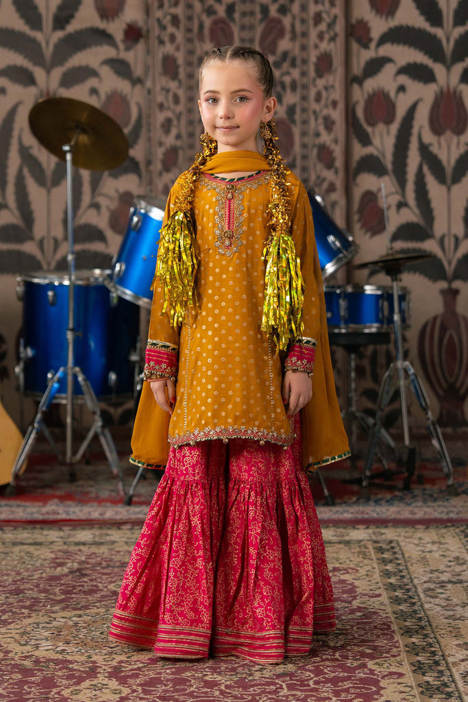 Mustard and Pink 3 Piece Embroidered Raw Silk Suit