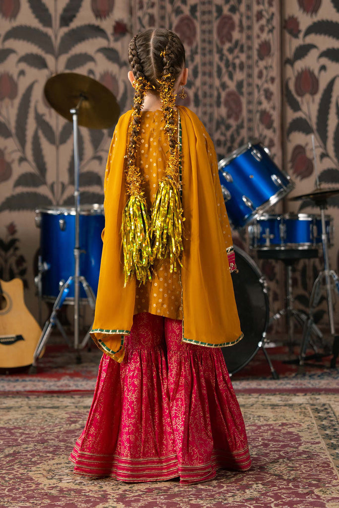 Mustard and Pink 3 Piece Embroidered Raw Silk Suit