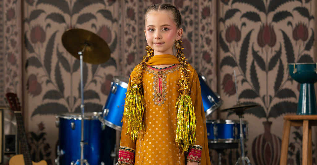 Mustard and Pink 3 Piece Embroidered Raw Silk Suit