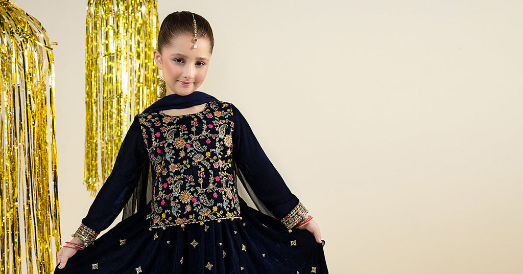 Maria.B Girls 3 Piece Embroidered Velvet Suit - Blue