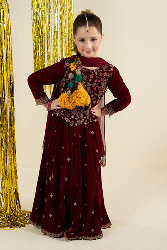 Kids 3 Piece Embroidered Velvet Suit - Red
