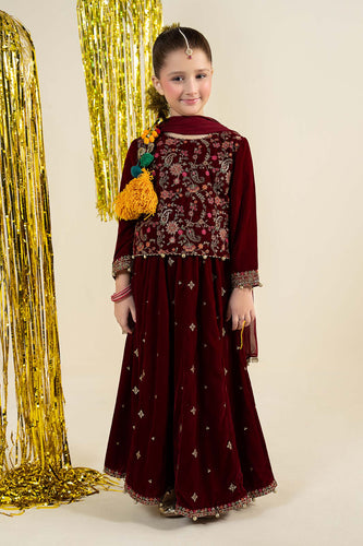 Kids 3 Piece Embroidered Velvet Suit - Red