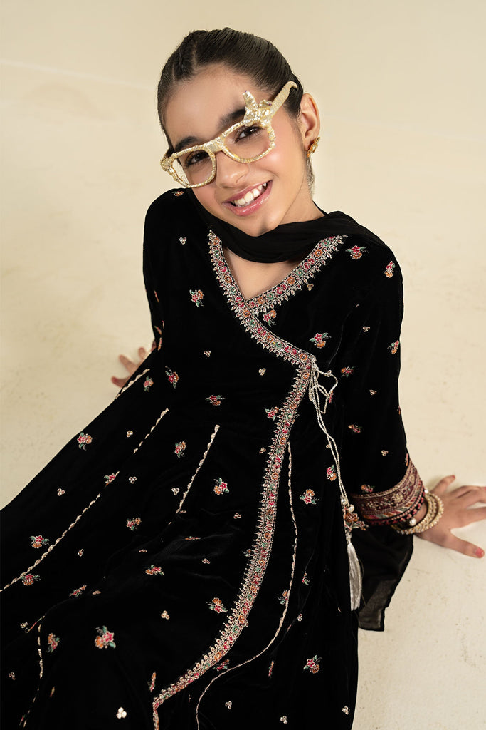 Girls 3 Piece Embroidered Velvet Suit - Black