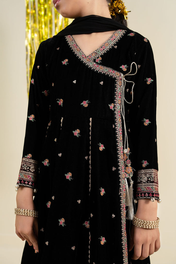 Girls 3 Piece Embroidered Velvet Suit - Black