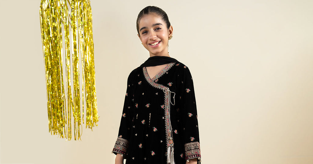 Girls 3 Piece Embroidered Velvet Suit - Black