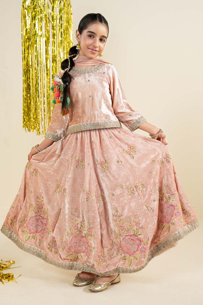 3 Piece Embroidered Velvet Suit for Girls - Pink