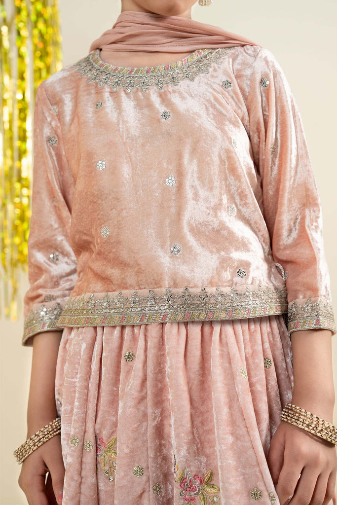 3 Piece Embroidered Velvet Suit for Girls - Pink