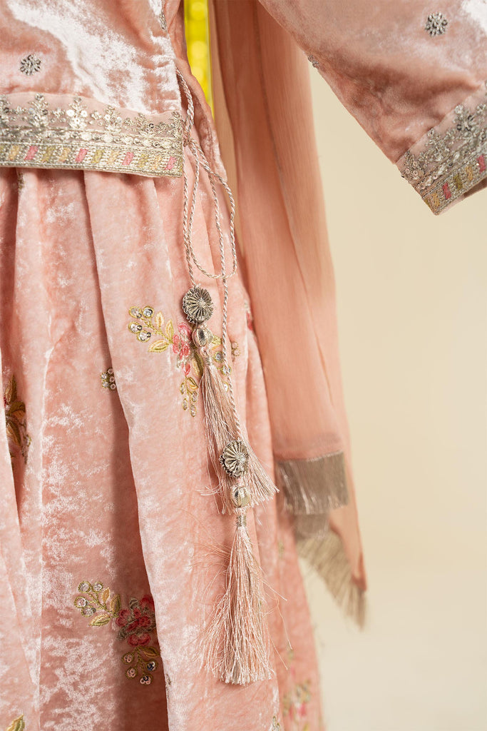 3 Piece Embroidered Velvet Suit for Girls - Pink