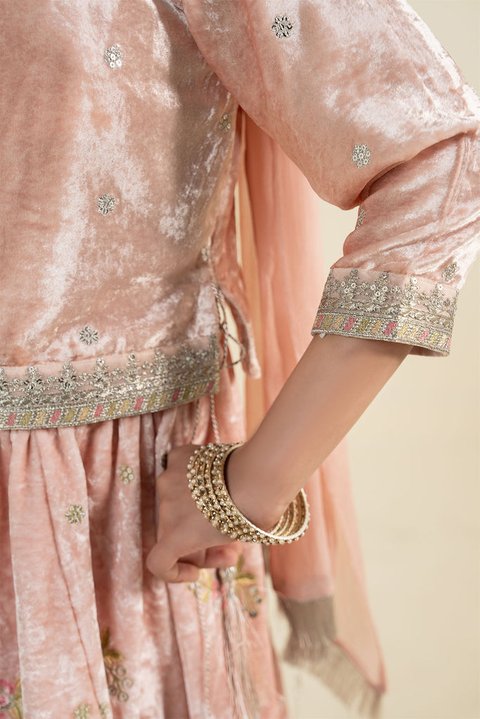 3 Piece Embroidered Velvet Suit for Girls - Pink