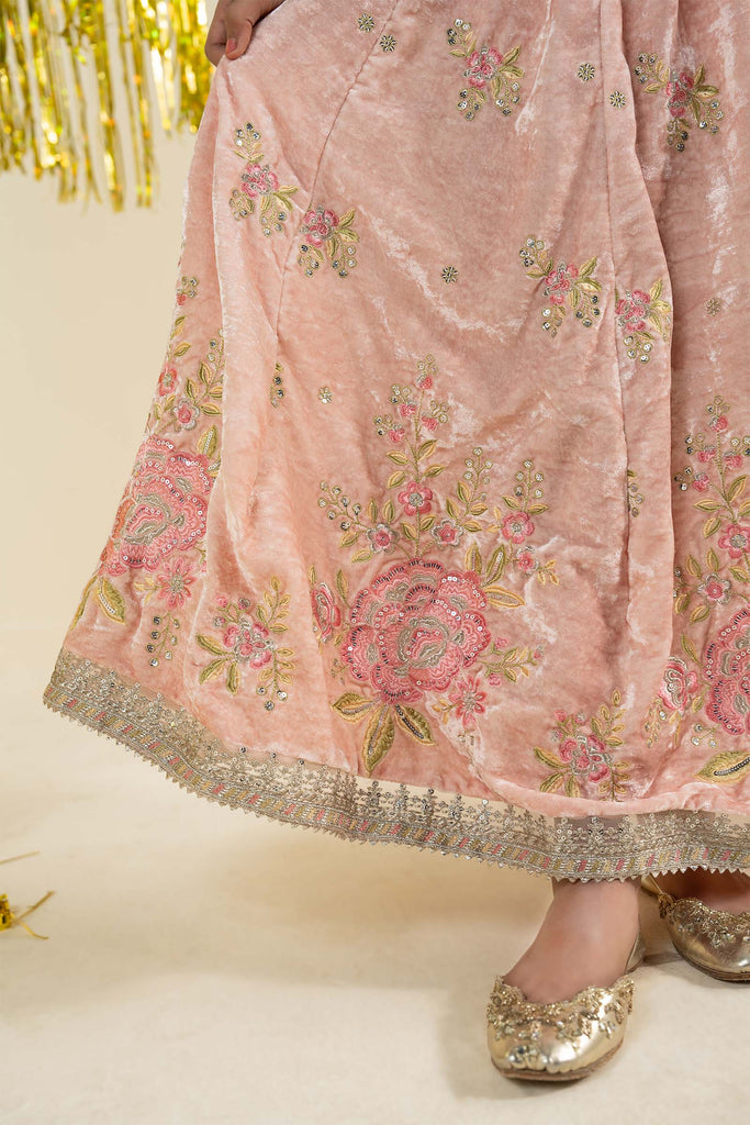 3 Piece Embroidered Velvet Suit for Girls - Pink