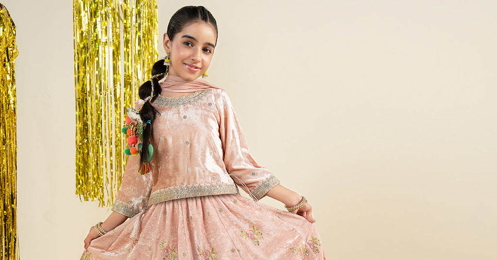 3 Piece Embroidered Velvet Suit for Girls - Pink