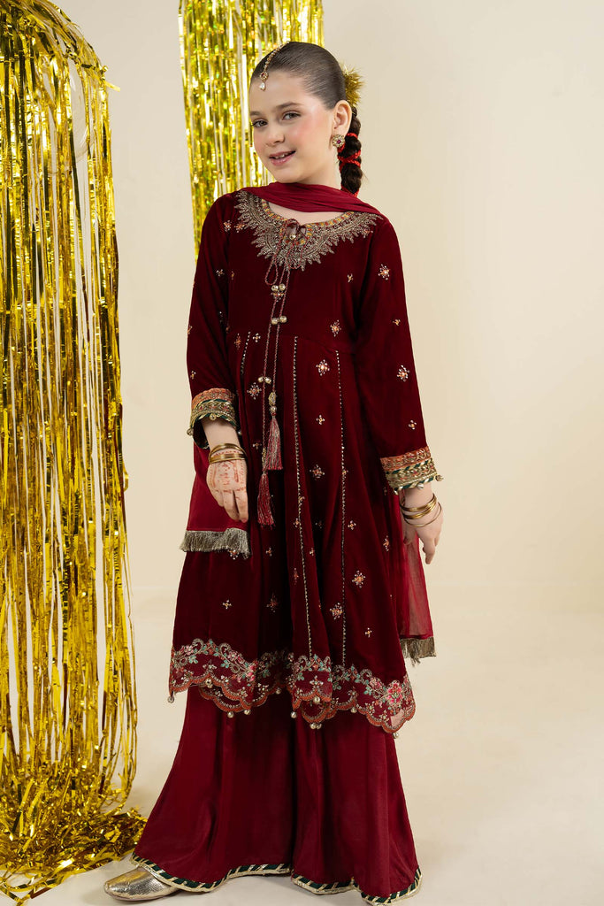 Embroidered Velvet 3 Piece Suit for Girls - Maroon
