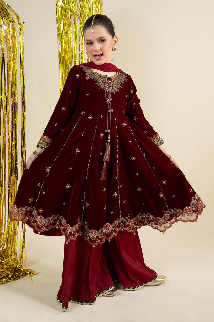 Embroidered Velvet 3 Piece Suit for Girls - Maroon