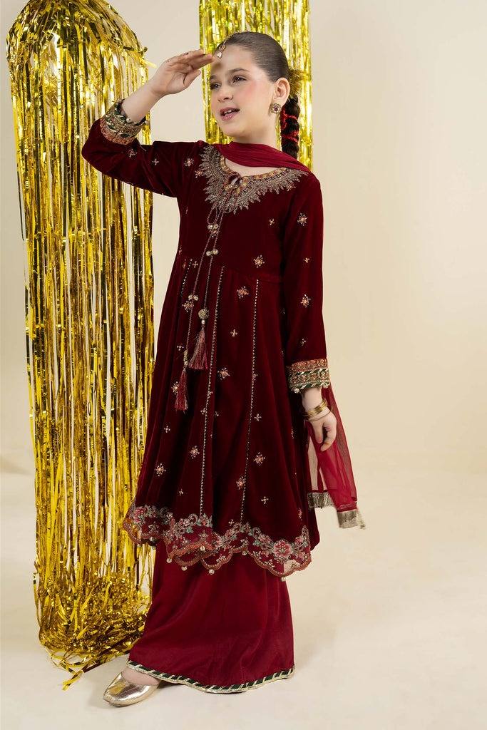 Embroidered Velvet 3 Piece Suit for Girls - Maroon