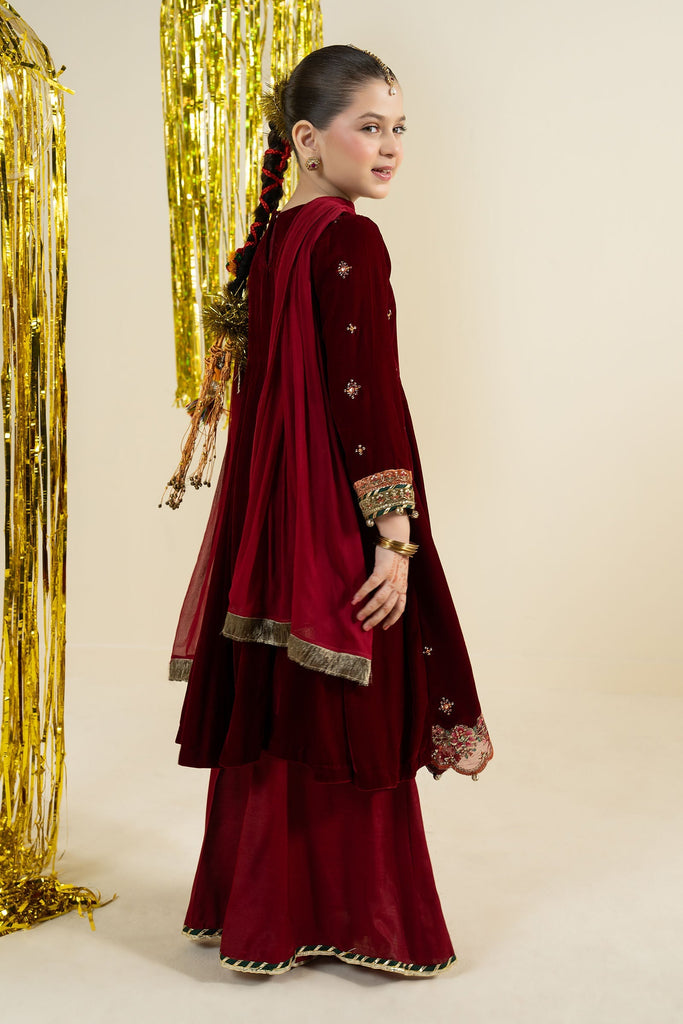 Embroidered Velvet 3 Piece Suit for Girls - Maroon