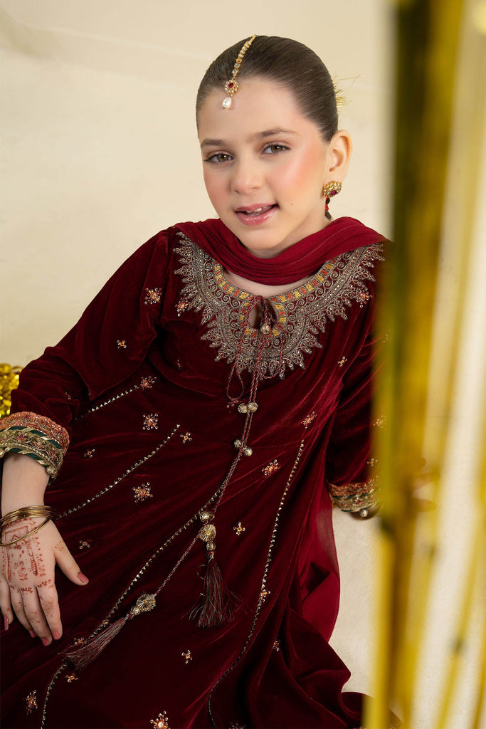 Embroidered Velvet 3 Piece Suit for Girls - Maroon