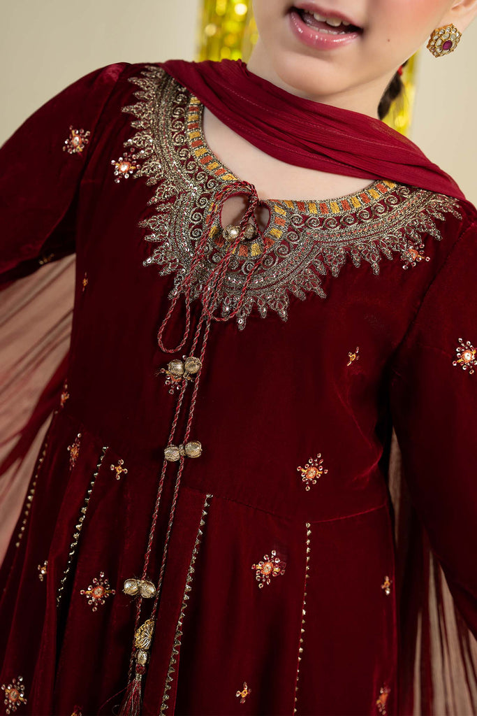 Embroidered Velvet 3 Piece Suit for Girls - Maroon