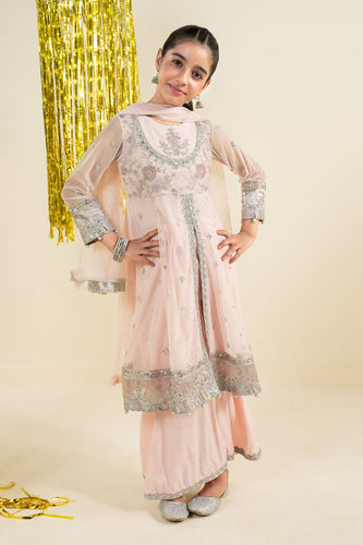 Kids 3 Piece Embroidered Net Suit - Pink