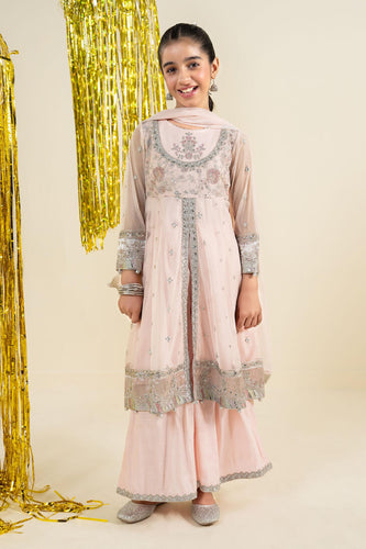 Kids 3 Piece Embroidered Net Suit - Pink