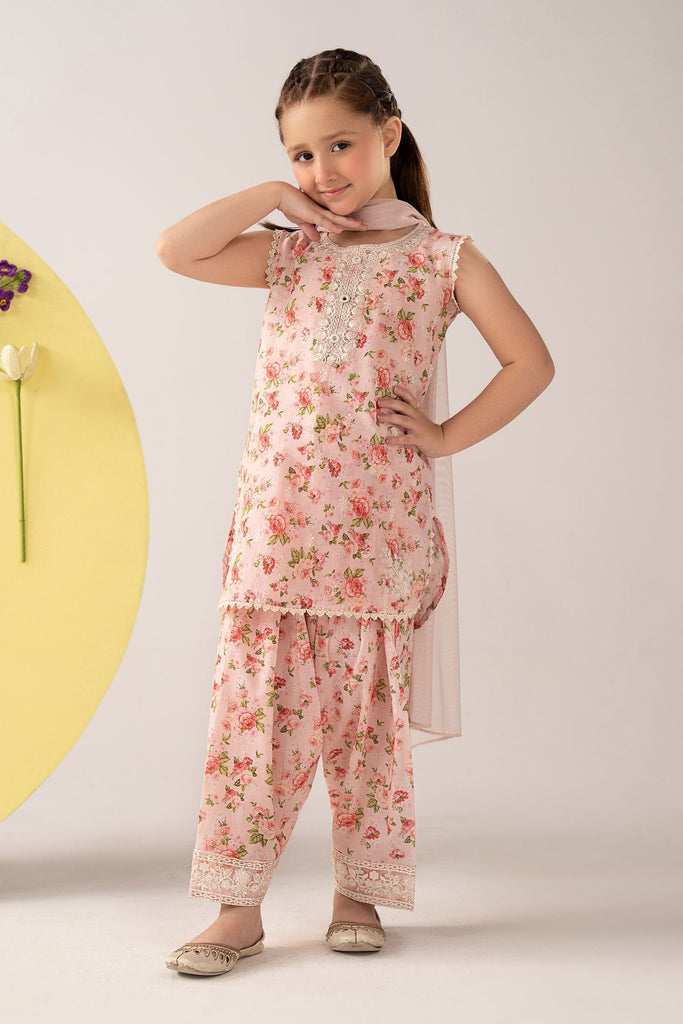 Girls 3 Piece Printed Lawn Suit - Pink