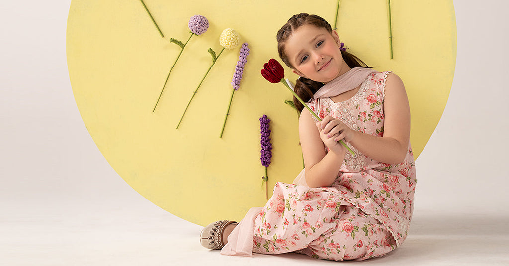 Girls 3 Piece Printed Lawn Suit - Pink