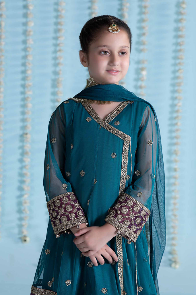 Teal Blue 3 Piece Embroidered Net Suit for Kids