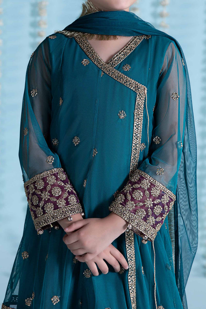Teal Blue 3 Piece Embroidered Net Suit for Kids