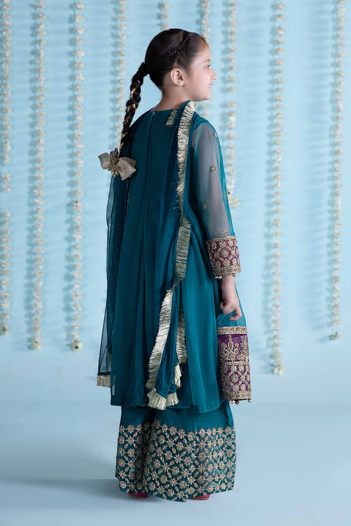 Teal Blue 3 Piece Embroidered Net Suit for Kids