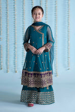 Load image into Gallery viewer, Teal Blue 3 Piece Embroidered Net Suit for Kids