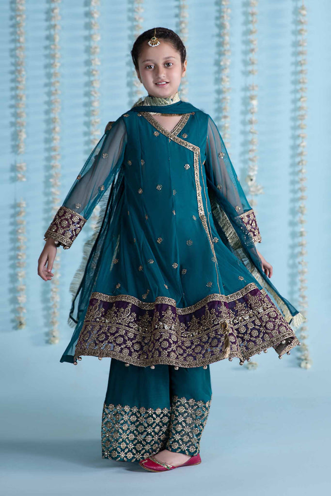 Teal Blue 3 Piece Embroidered Net Suit for Kids